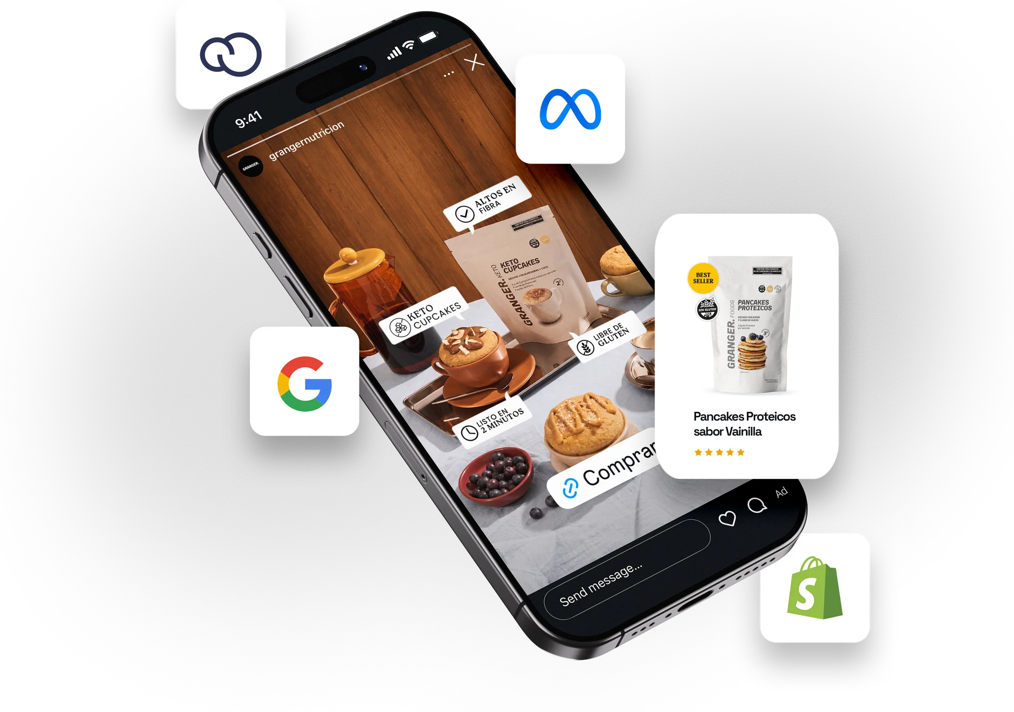 Anuncio de eCommerce en Instagram con integraciones de Meta, Google, Shopify y Tiendanube